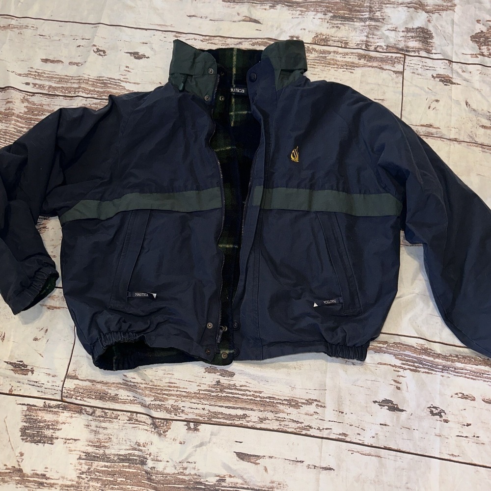 Vintage 90s NAUTICA REVERSIBLE Jacket Coat Navy / GREEN PLAID‎ SHERPA sz Xl